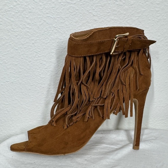 Express Brown Suede Leather Fringe Peep Toe Heeled Boho Western Booties Size 9 - Picture 2 of 11